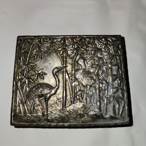 Vintage Metal Trinket Jewelry Box with Wooden Liner Cranes And Bamboo JAPAN